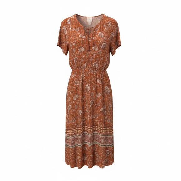 Knox Rose Dresses & Skirts - Knox Rose Orange Floral Print Tie Neck Midi Dress Women's Size S Cottage Core